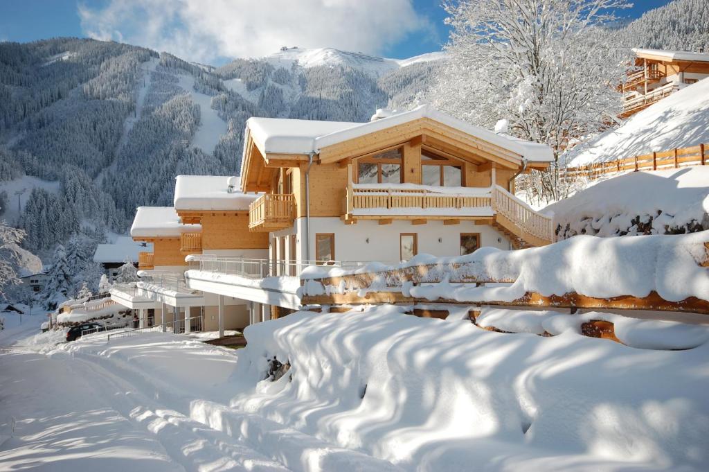 a house covered in snow in the mountains at Ski Chalet Jim by All in One Apartments in Zell am See