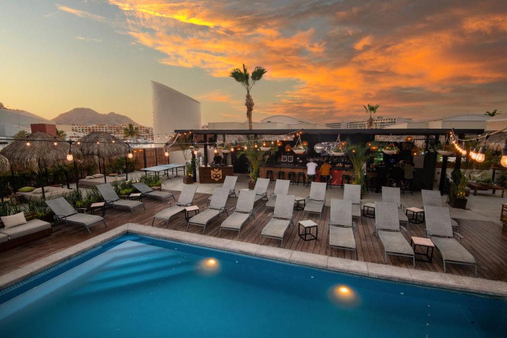 einen Pool auf dem Dach mit Stühlen und eine Bar auf einem Gebäude in der Unterkunft Mayan Monkey Los Cabos in Cabo San Lucas