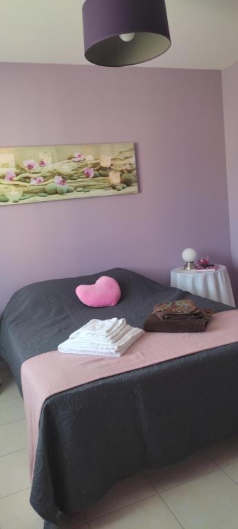 a bedroom with a black bed with a pink blanket at Montignac lascaux chambre in Montignac