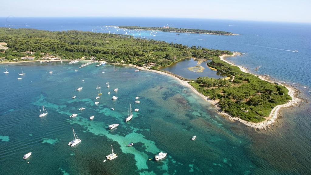 an aerial view of a small island with boats in the water at 7 Croisette 7C201 in Cannes