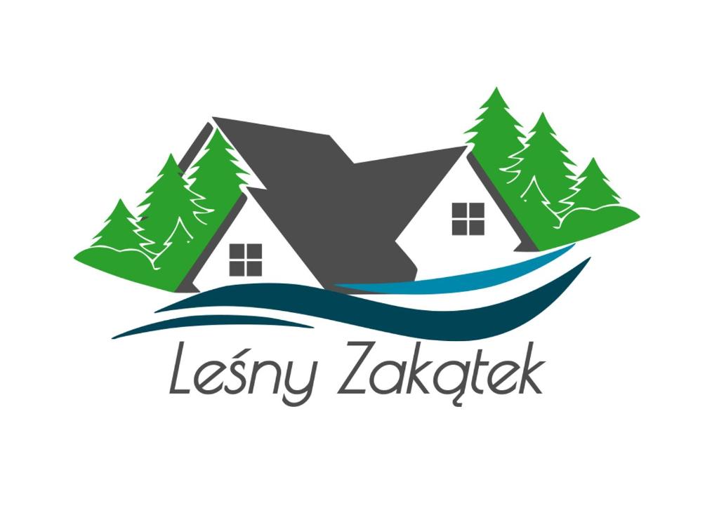 ein Logo eines Hauses mit Bäumen und Wasser in der Unterkunft Ośrodek Wypoczynkowy Leśny Zakątek in Sieraków
