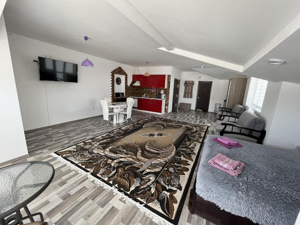 Habitación con sala de estar con alfombra en el suelo en Апартаменти в центрі Трускавця, en Truskavets