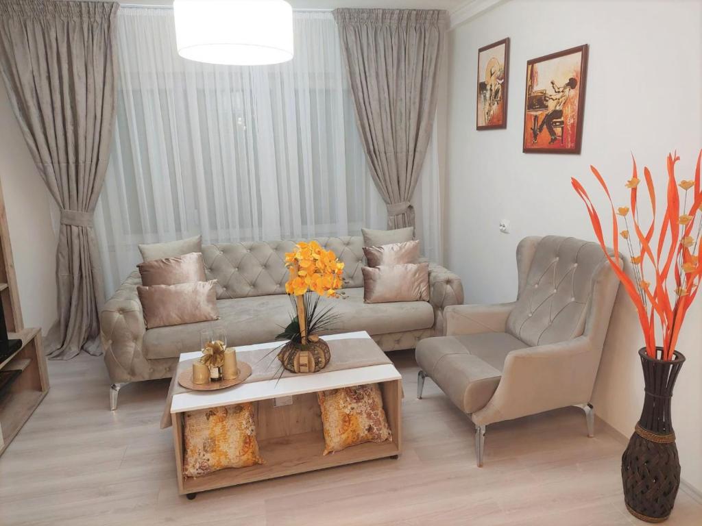 a living room with a couch and a table at City Lux Apartments in Skopje