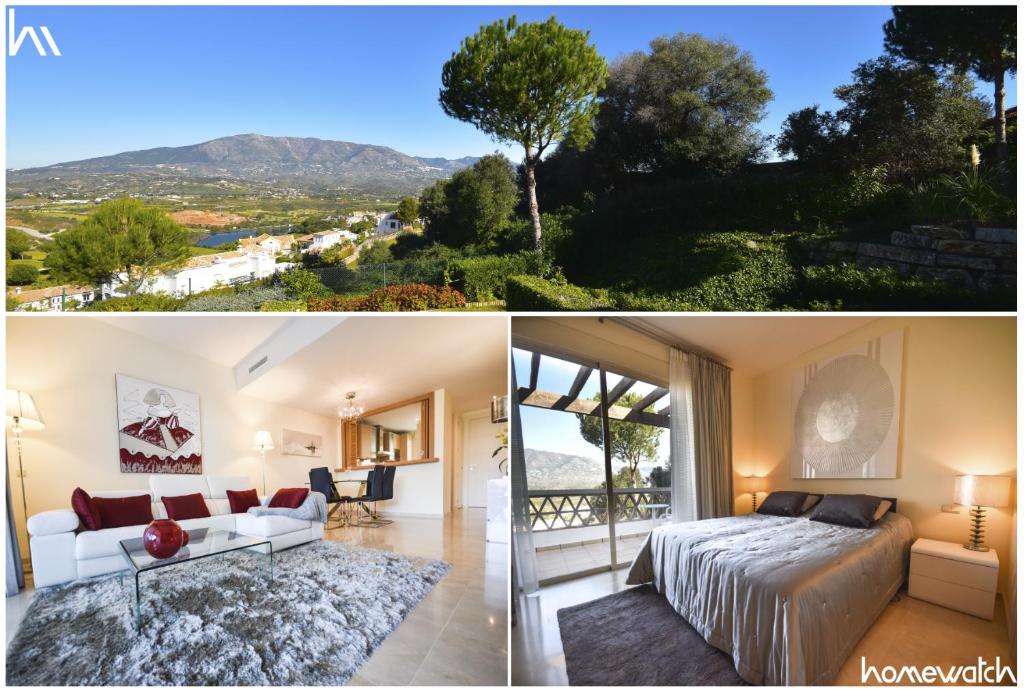 two pictures of a bedroom and a living room at Luxury Golf Retreat in La Mairena