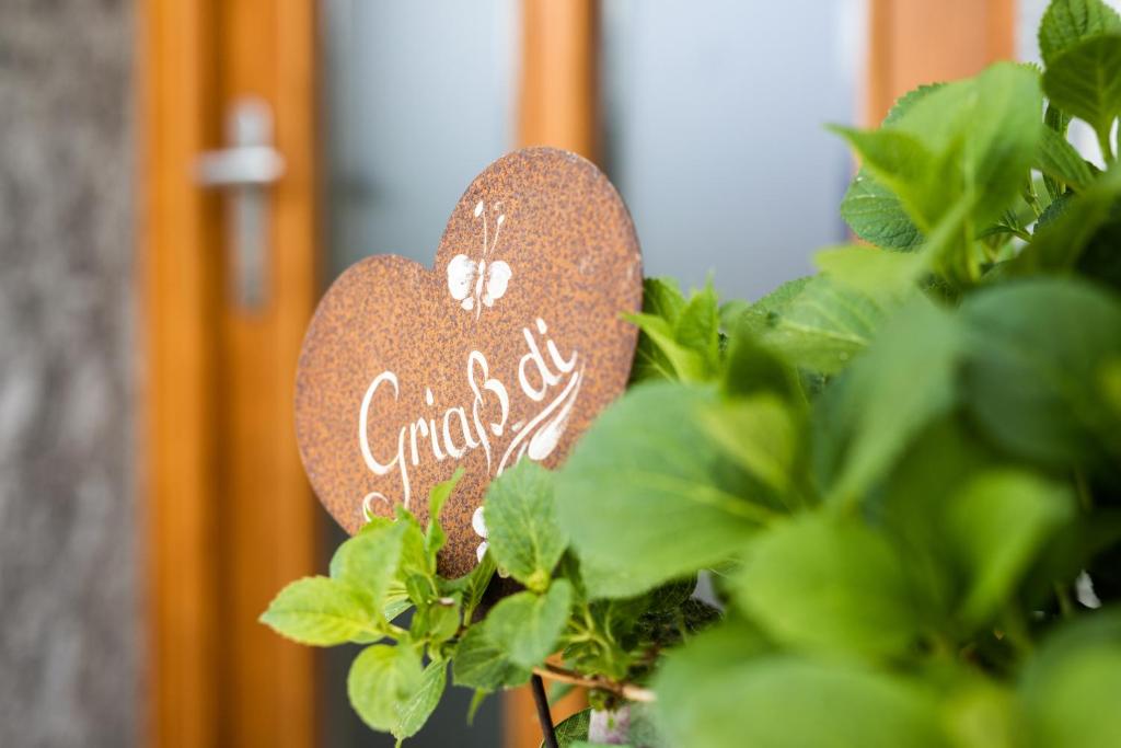 a heart shaped sign with the word camelia on a plant at Haus Bergblick in Fuschl am See