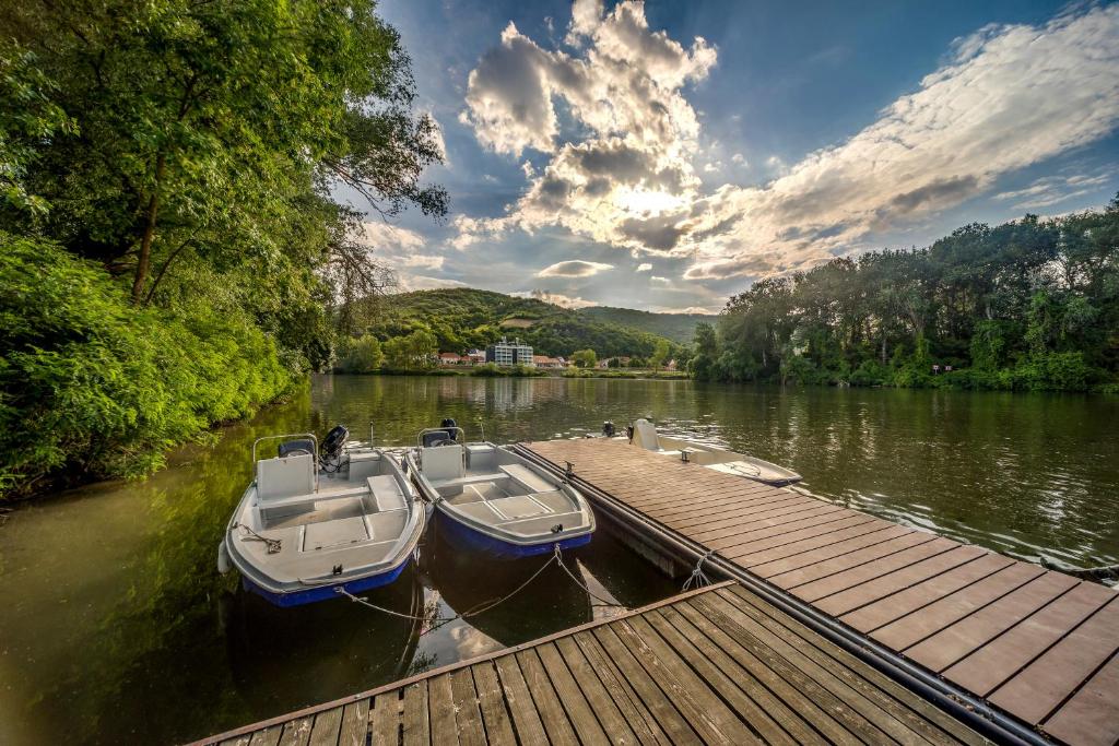 two boats are docked at a dock on a lake at Hotel Csillag Tokaj in Tokaj