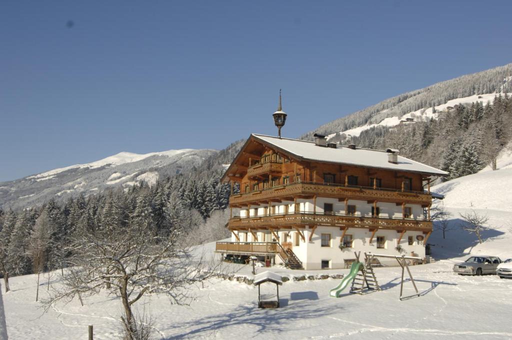 een groot houten gebouw in de sneeuw met bomen bij Peilberghof in Hollersbach im Pinzgau