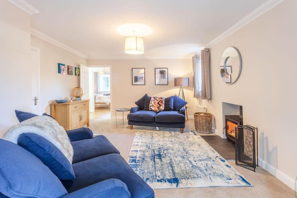 a living room with a blue couch and a fireplace at Potters Brook in Framlingham