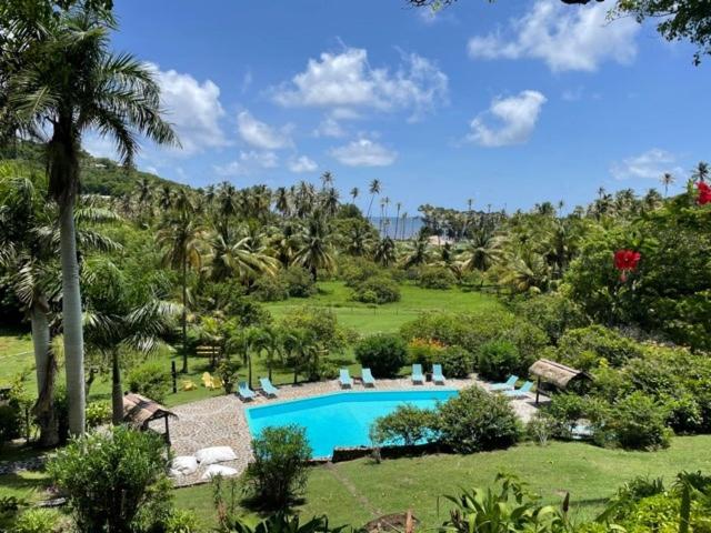 a resort with a swimming pool and palm trees at Firefly Estate Bequia in Crescent Beach