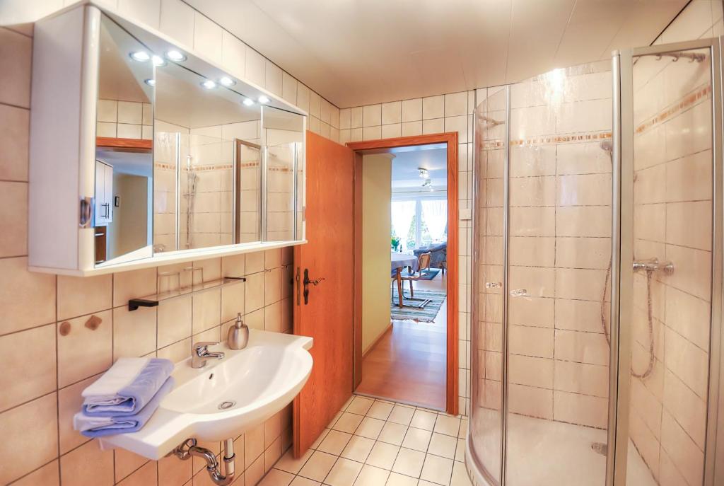 La salle de bains est pourvue d'un lavabo et d'une douche. dans l'établissement Ferienwohnungen Franziska Hackl, à Bad Birnbach