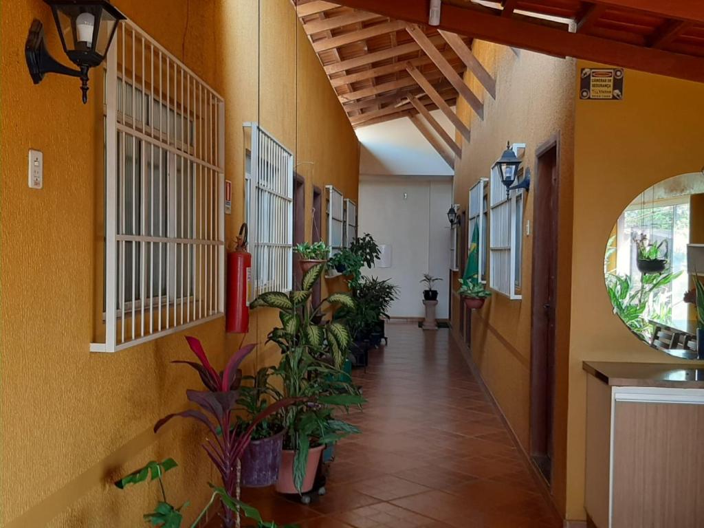 Tucuma的住宿－Hotel da Gaúcha，黄色墙壁的建筑里,有植物的走廊