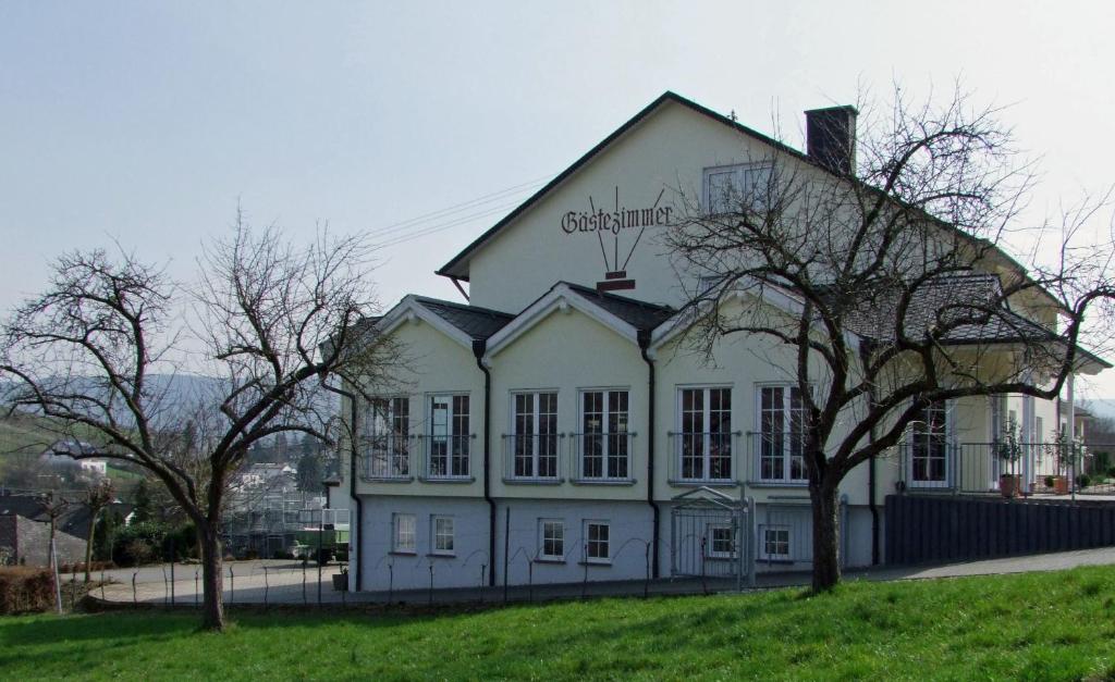 ein weißes Gebäude mit Bäumen davor in der Unterkunft Wein & Gästehaus Rosenlay in Lieser