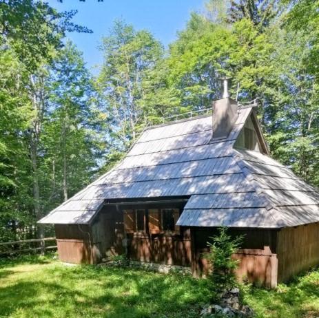 a small wooden house with a roof in the grass at Koča Pastirica - Velika planina in Stahovica