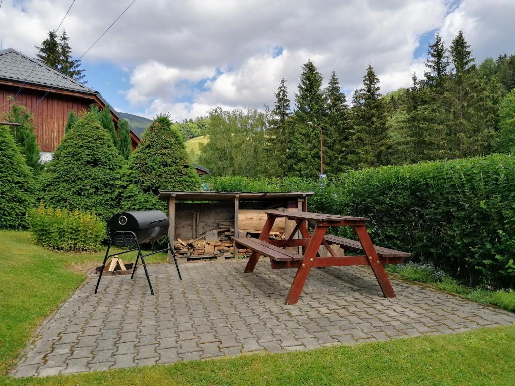 a picnic table and a grill and a picnic table at Apartmány 670 pod Lysou horou in Rokytnice nad Jizerou