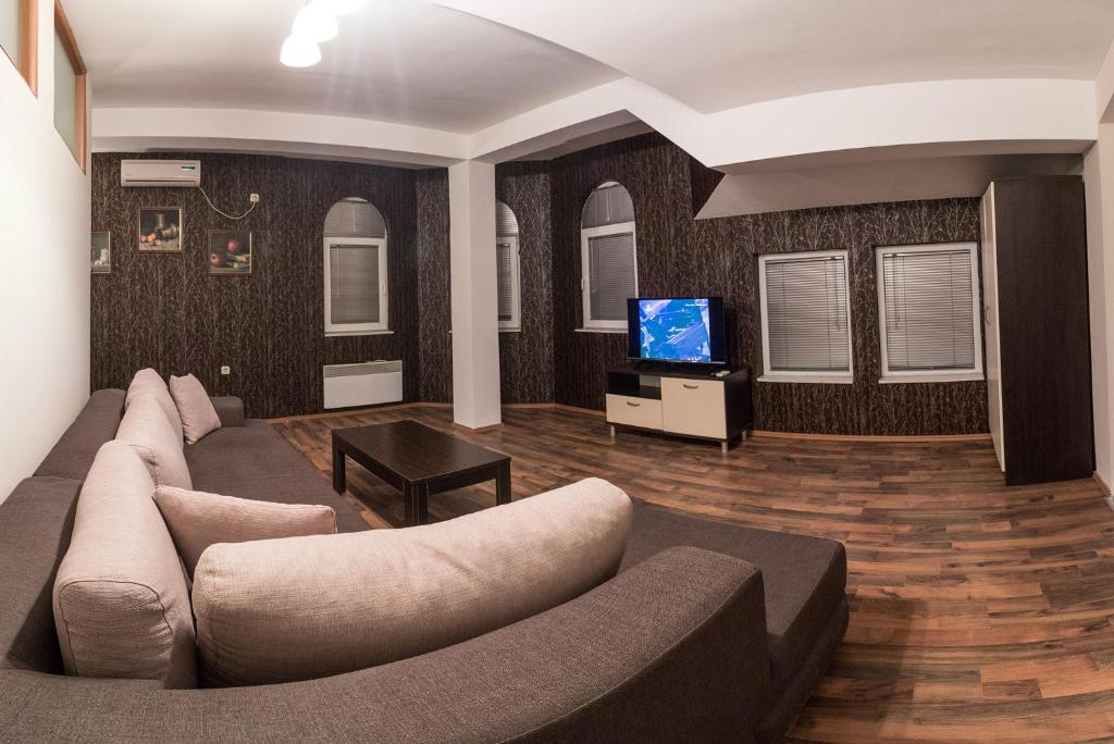 sala de estar con sofá y TV en Apartments Ohrid Izabela, en Ohrid