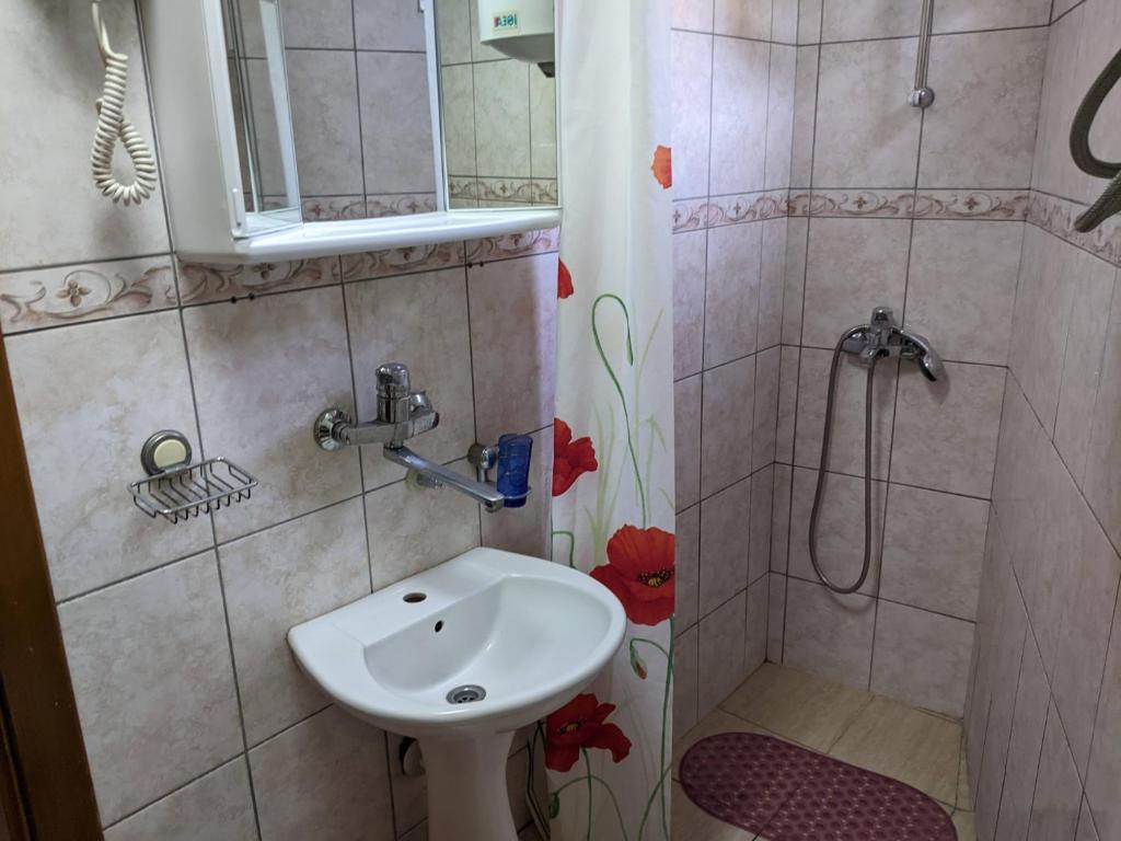 un piccolo bagno con lavandino e doccia di Apartmani Dubravka a Rafailovici