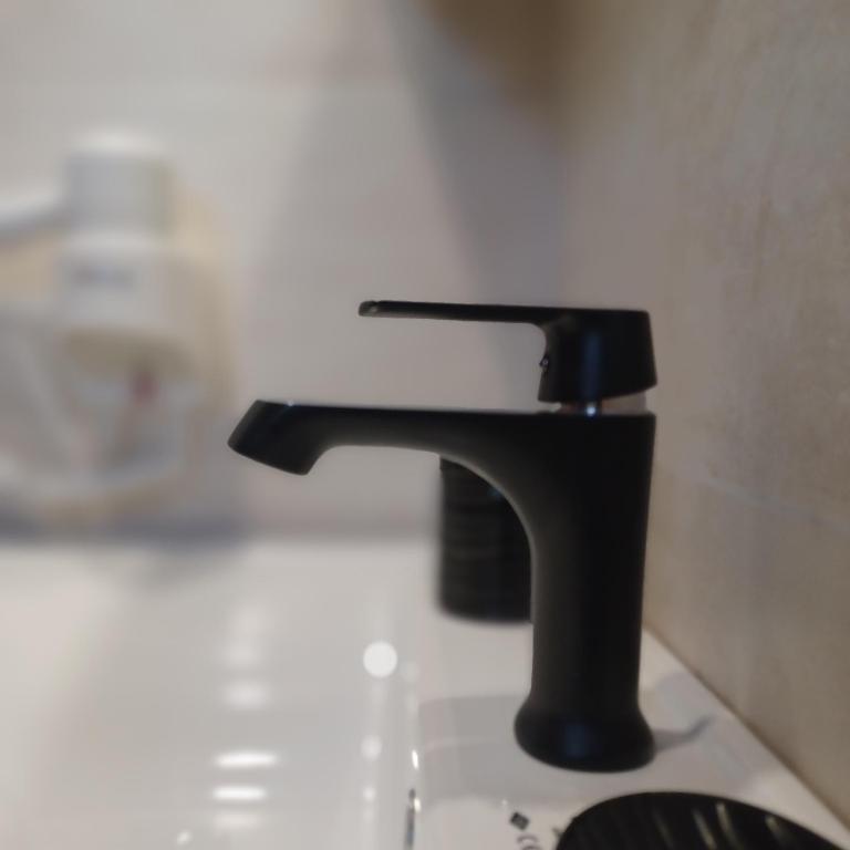 a black faucet sitting on top of a sink at Ponti Bay Apartments in Vasiliki