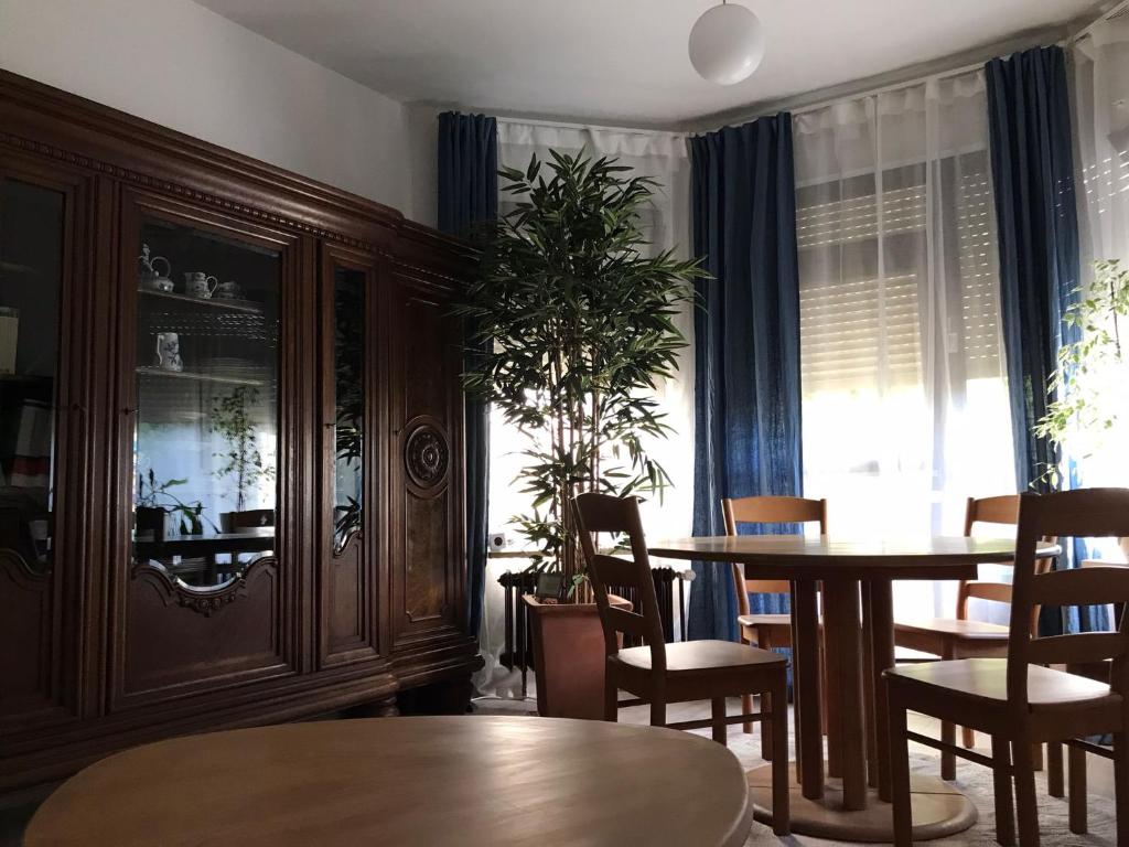 a dining room with a table and chairs and a window at Bernstein in Stuttgart