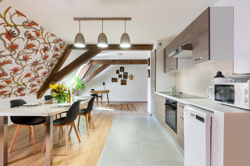 a kitchen and dining room with a table and chairs at LE RHENANUS Hans Sapidus - appartement spacieux, au calme - parking gratuit in Sélestat