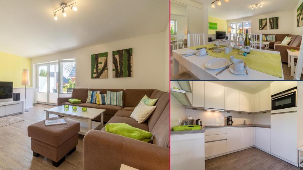 2 Bilder von einem Wohnzimmer, einer Küche und einem Wohnzimmer in der Unterkunft Gästehaus Wohnung 2 in Wyk auf Föhr