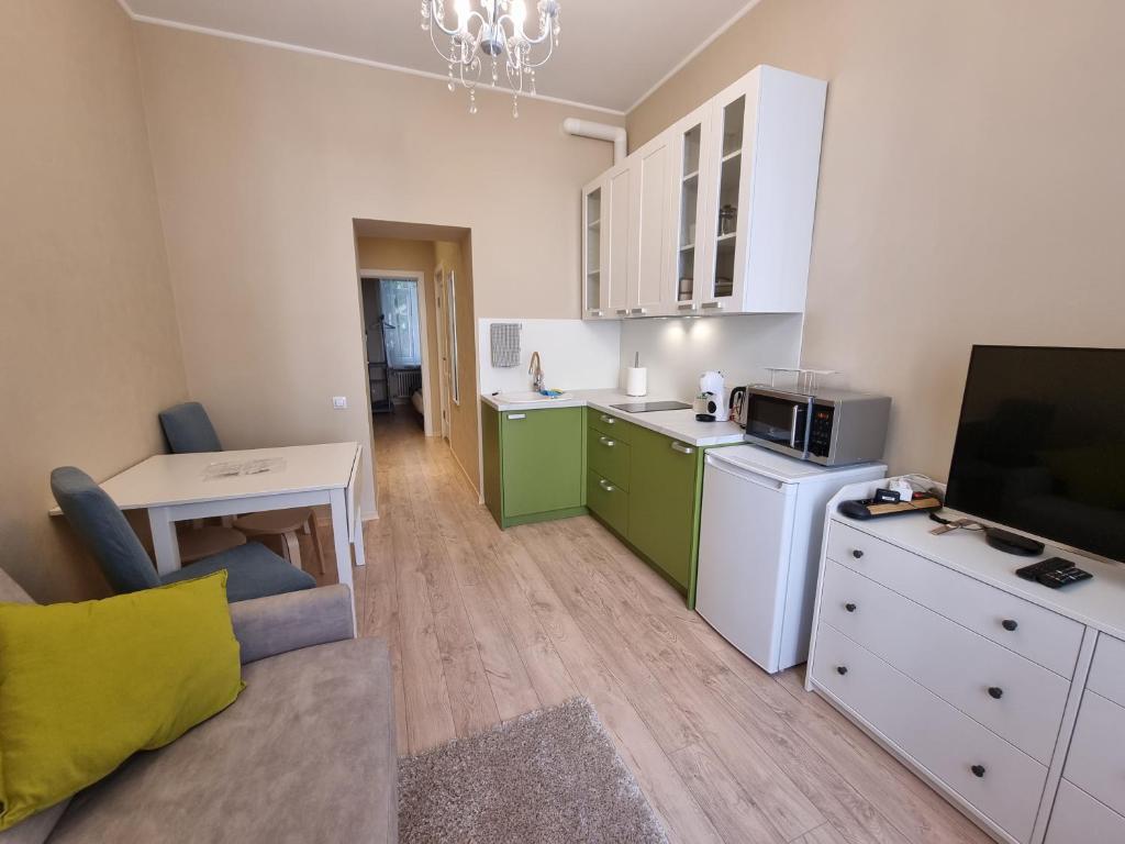 a kitchen with green cabinets and a table and a tv at Cosy one seperate bedroom apartment in city center, perfect for family trip. in Rīga