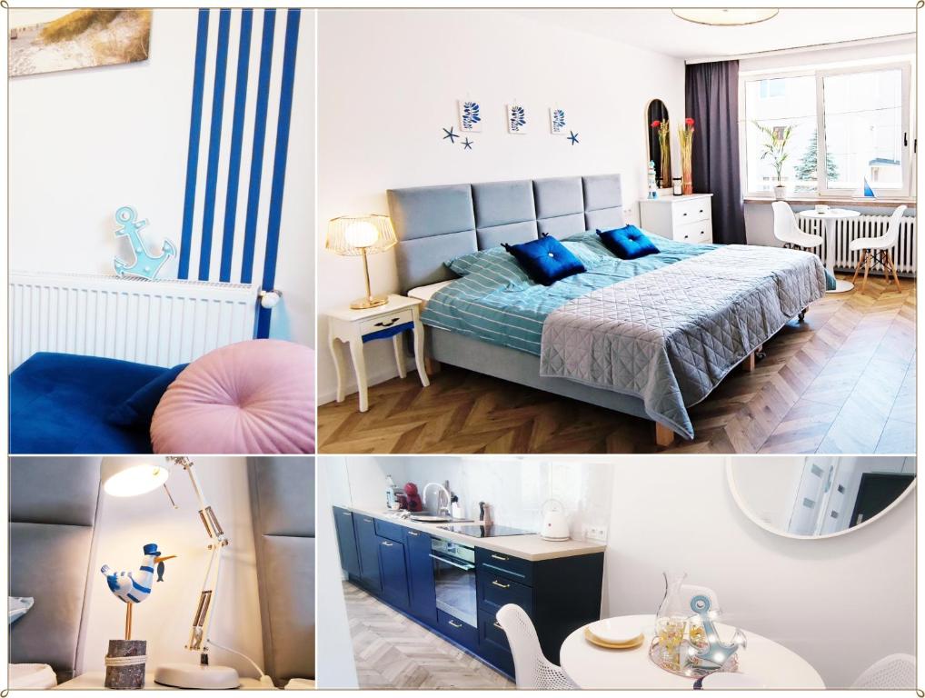 un collage de cuatro fotos de un dormitorio en Kapitan Marina Gdynia Rental Apt en Gdynia