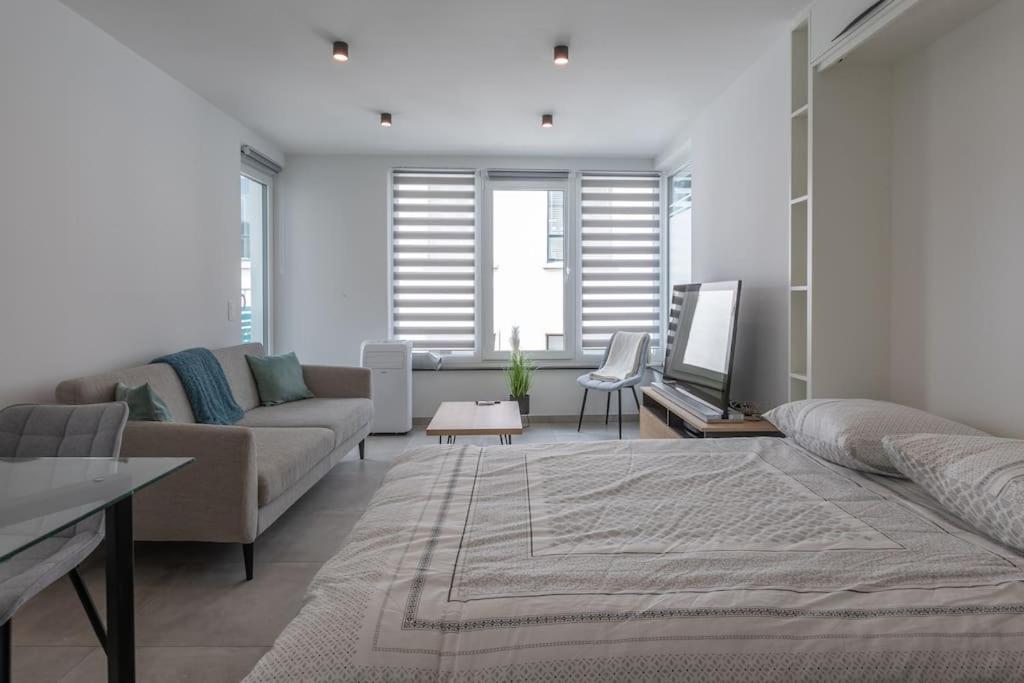 uma sala de estar com um sofá e uma televisão em Superbe Appartement avec Parking em Malmedy