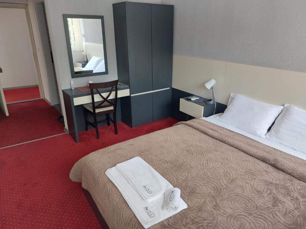 um quarto de hotel com uma cama, uma secretária e um espelho em Rooms S&S Milicevic u strogom centru Aleksandrovca em Aleksandrovac