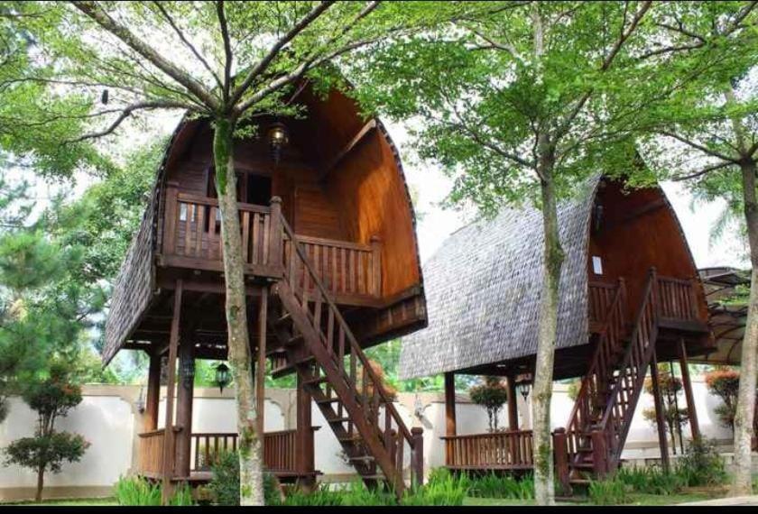 een grote boomhut met een trap daarheen bij The Kulawi Villa & Resort in Puncak