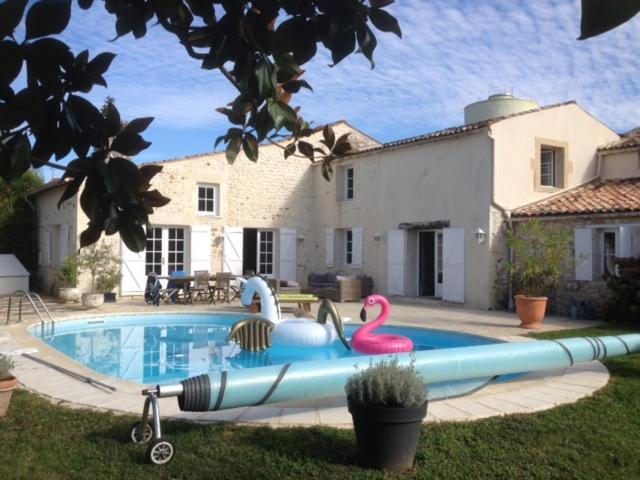 une piscine avec deux flamants gonflables en face d'une maison dans l'établissement Maison ancienne avec piscine au milieu des vignes, à Marignac