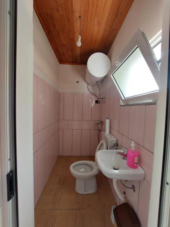 un bagno rosa con servizi igienici e lavandino di Driti GH Nderlysa a Shkodër
