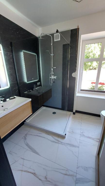 a bathroom with a glass shower and a sink at Apartament Królewiecka 22 Centrum Molo jezioro Czos in Mrągowo