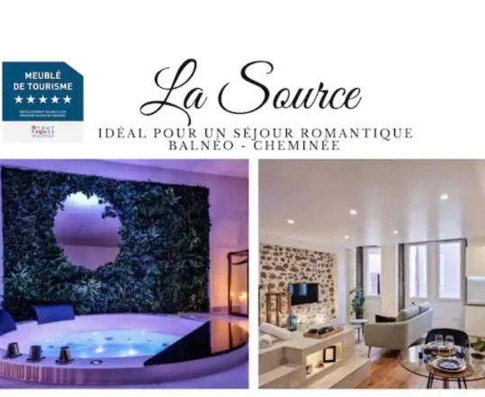 eine Collage aus zwei Bildern eines Zimmers mit Badewanne in der Unterkunft Majord'Home Spa 5* - La Source Cœur Vieille Ville in Annecy
