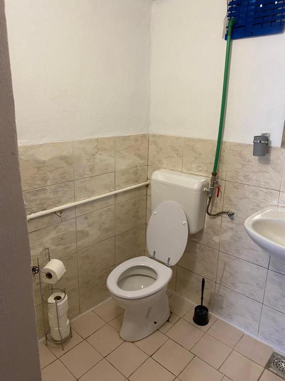 łazienka z toaletą i umywalką w obiekcie Alleinstehendes Haus am Meer Robinson w mieście Tkon