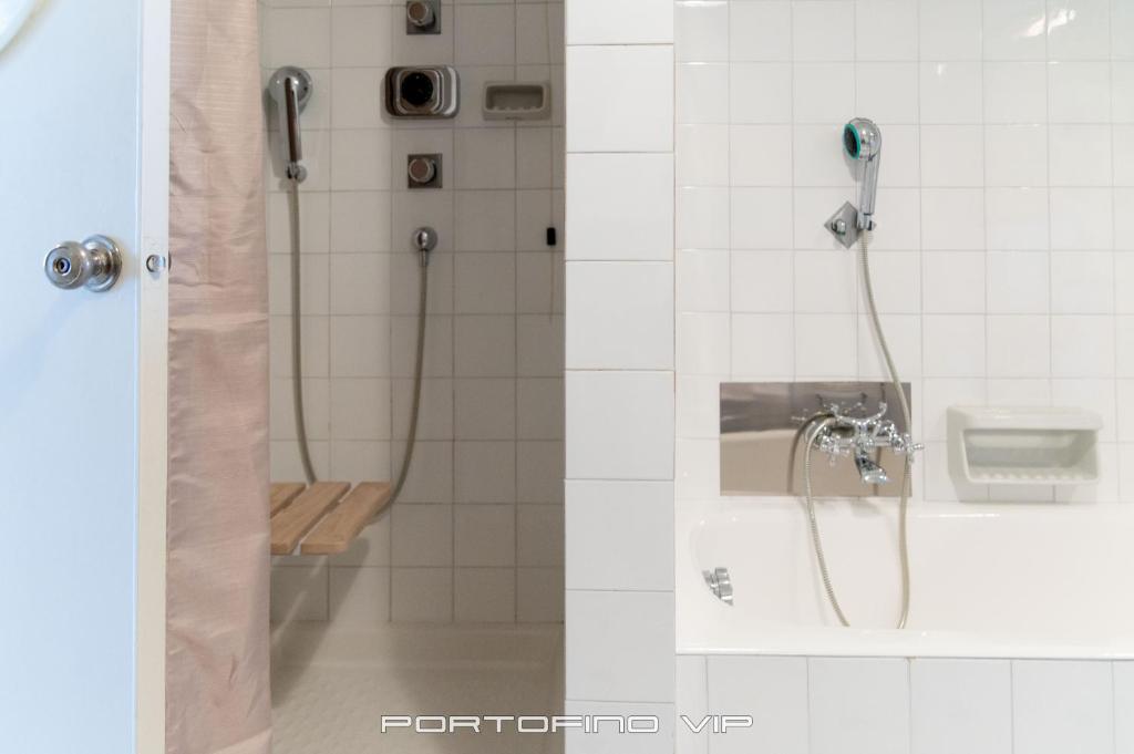 two pictures of a bathroom with a shower at San Giorgio by PortofinoVip in Portofino