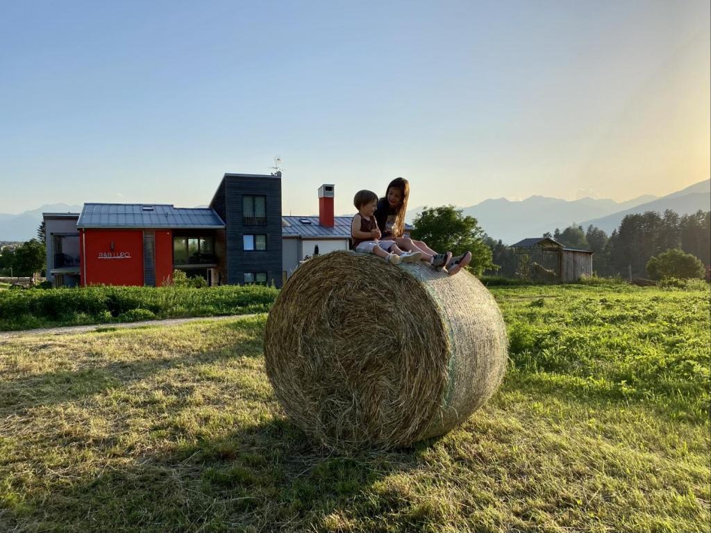 カヴァレーノにあるB&B Lupoの草の玉の上に座る二人の子供