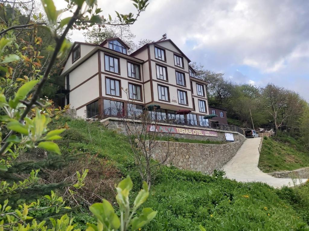 a large house on top of a hill at Alya Teras Otel in Trabzon
