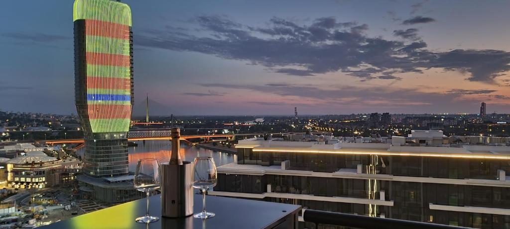a view of a building with a colorful tower at Beograd na vodi - BW ViSTA LUXURY in Belgrade