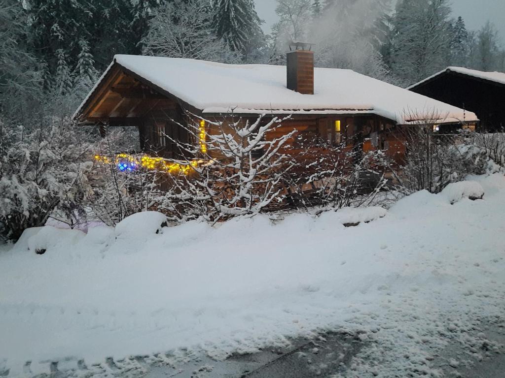 a house covered in snow in front at Hüttenzauber Ferienwohnung mitten im Nationalpark in Lindberg