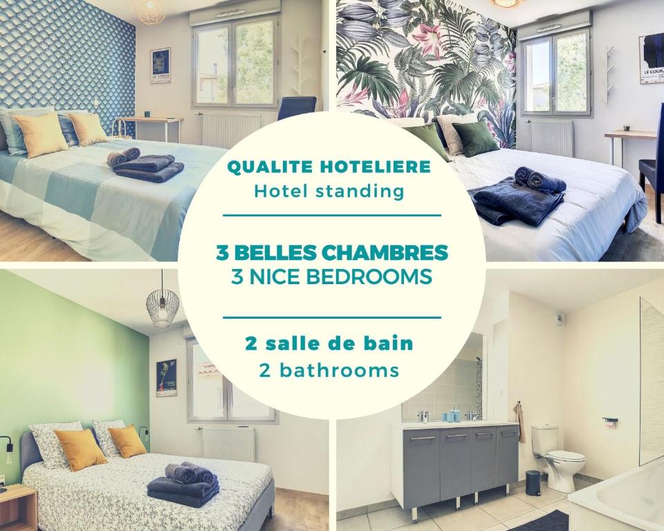 un collage de tres fotos de un dormitorio de hotel en Villa Poète avec jardin 3 Chambres Parking gratuit, en Tournefeuille