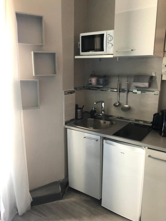 une petite cuisine avec un évier et un micro-ondes dans l'établissement Cosy studio Paris 16 métro Exelmans, à Paris