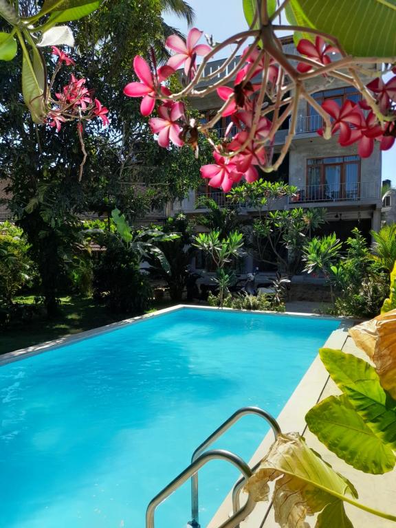 una piscina frente a una casa con flores en Surf Gangs Arugambay, en Arugam Bay