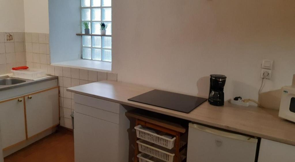 - une cuisine avec un comptoir et un four micro-ondes dans l'établissement Studio meublé à Nyons, à Nyons