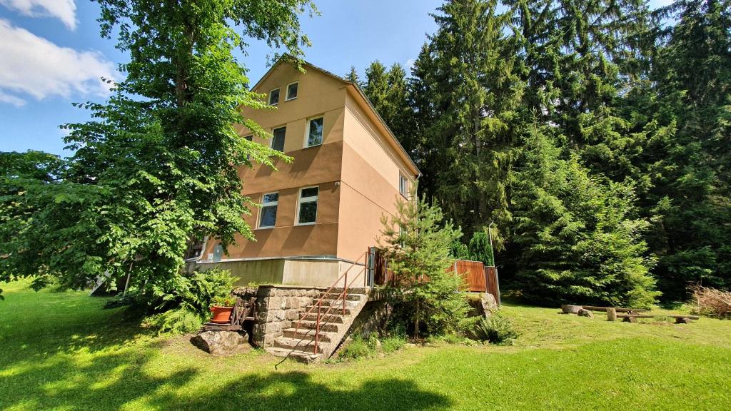 a house with a staircase in front of a yard at Lipno & Wellness Chata in Loučovice