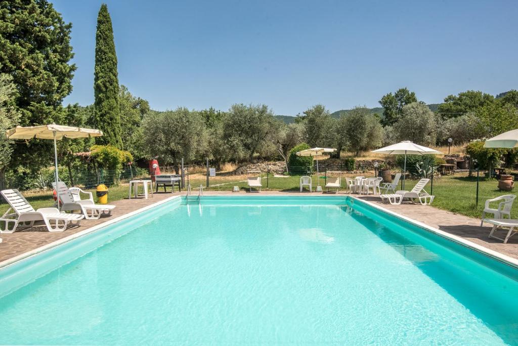 ein großer Pool mit Stühlen und Sonnenschirmen in der Unterkunft Poggio Primo - Bilocale Brando in Castiglion Fibocchi