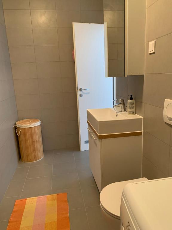 mała łazienka z umywalką i toaletą w obiekcie Fisherman's apartment w mieście Premantura