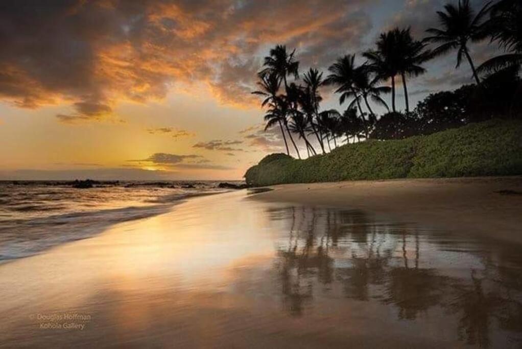 a sunset on a beach with palm trees on it at Maui CamperVan 2 Cozy Convenient and Classy in Kahului
