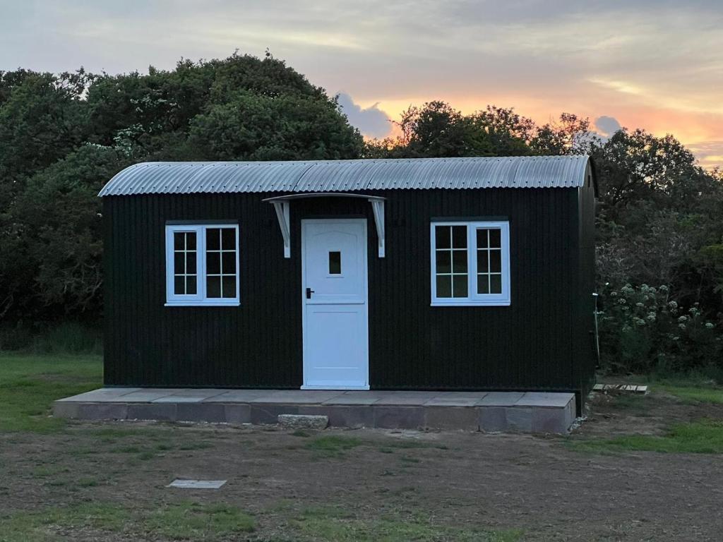 a small black shed with a white door and windows at Dinky's Den in Coverack