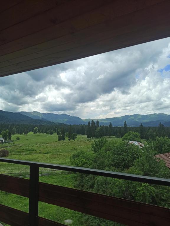 a view of a green field from a porch at Royal Bakuriani in Bakuriani