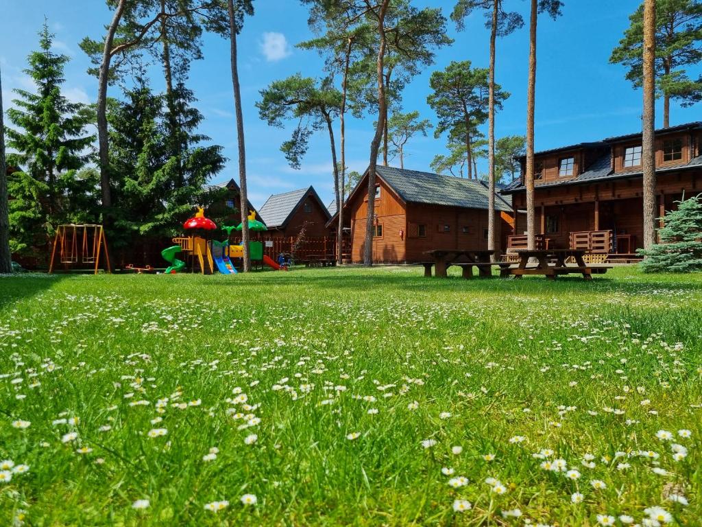 um campo de relva com um parque infantil ao fundo em OW Gabi em Międzywodzie